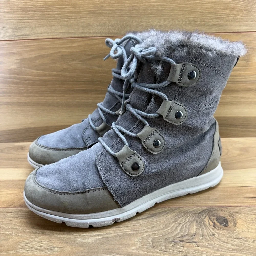 SOREL Explorer Joan Boots Womens‎ 10 Gray Suede Waterproof Faux Fur